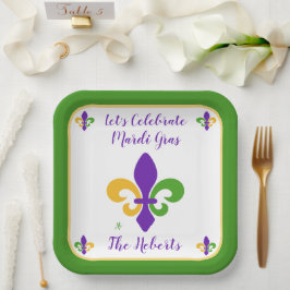 Mardi Gras NAME Green Gold Purple Fleur de Lis Papieren Bordje
