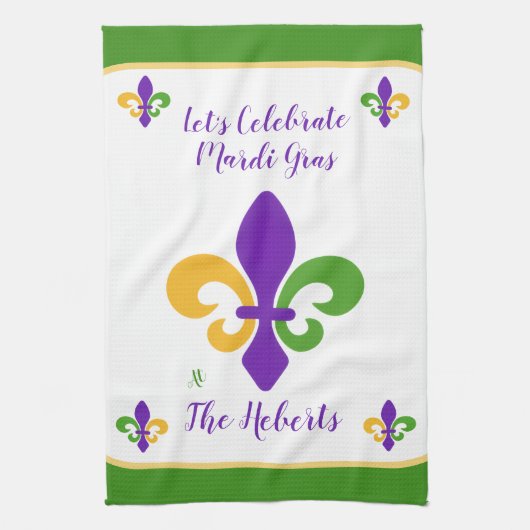 Mardi Gras NAME Green Gold Purple Fleur de Lis Theedoek (Verticaal)