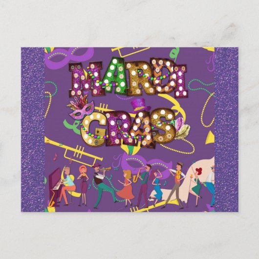 Mardi Gras New Orleans Jazz Band Paars Briefkaart (Voorkant)