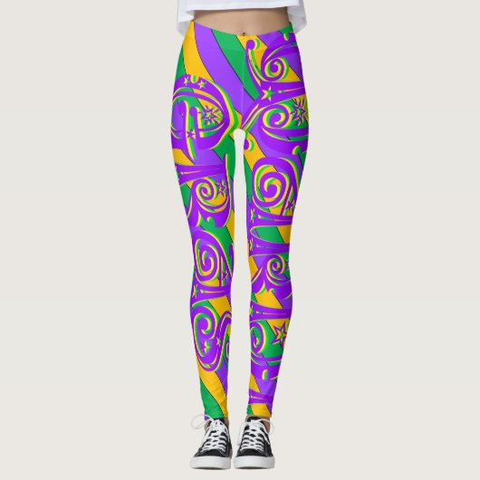 Mardi Gras New Orleans Paarse groene gele tekst Leggings (Voorkant)