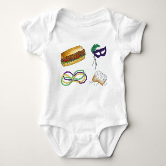 Mardi Gras NOLA New Orleans Mask Beads Beignet Romper (Voorkant)