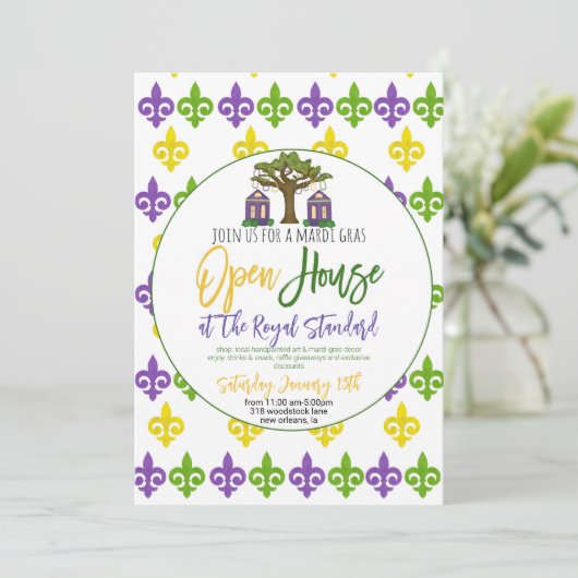 Mardi Gras Open Huis Uitnodiging (Staand voorkant)