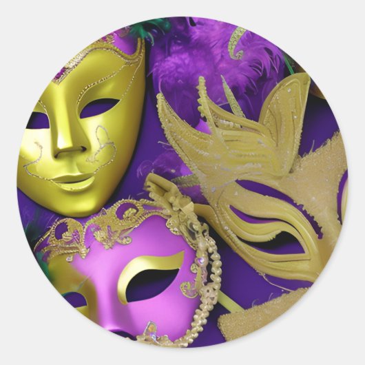 Mardi Gras Paarse en gouden maskerade maskers Ronde Sticker (Voorkant)