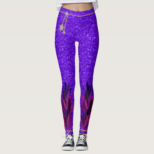 Mardi Gras Paarse Faux Feathers Glitter Leggings (Voorkant)