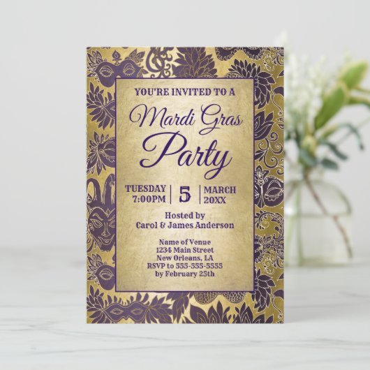 Mardi Gras Paarse Faux Gold Mask Back Info Kaart (Staand voorkant)