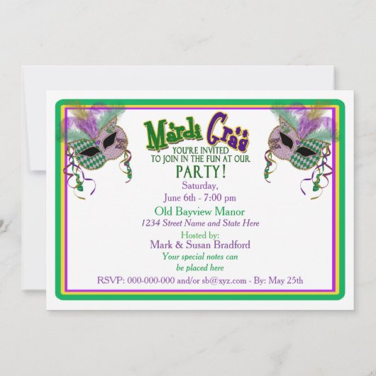 MARDI GRAS PARTIJ INVITATIE - MASKER - 5 x 7 Kaart (Achterkant)