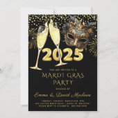 Mardi Gras Party 2025 Zwart Goud Glitter Kaart (Voorkant)
