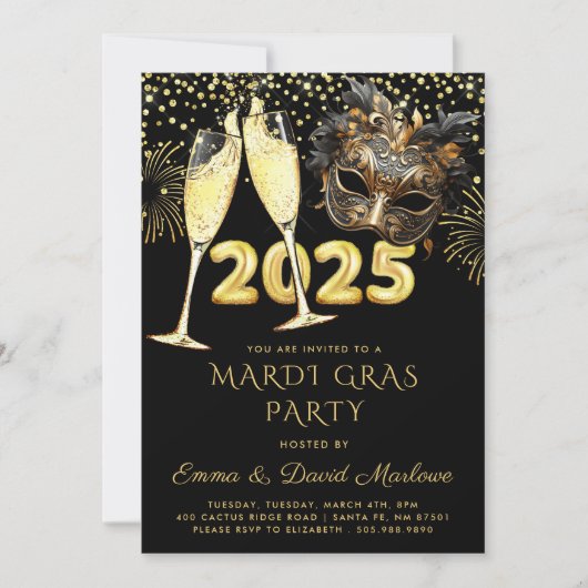 Mardi Gras Party 2025 Zwart Goud Glitter Kaart (Voorkant)