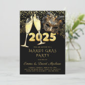 Mardi Gras Party 2025 Zwart Goud Glitter Kaart (Staand voorkant)