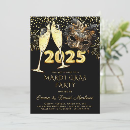 Mardi Gras Party 2025 Zwart Goud Glitter Kaart (Staand voorkant)