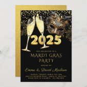 Mardi Gras Party 2025 Zwart Goud Glitter Kaart (Voorkant / Achterkant)