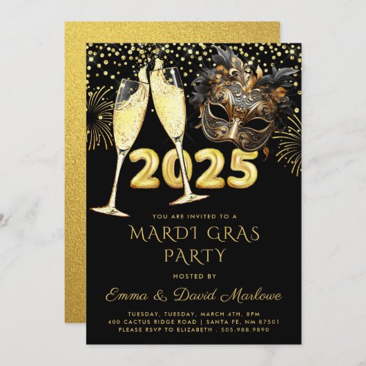 Mardi Gras Party 2025 Zwart Goud Glitter Kaart (Voorkant / Achterkant)