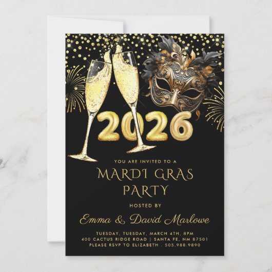 Mardi Gras Party 2026 Black Gold Glitter Kaart (Voorkant)