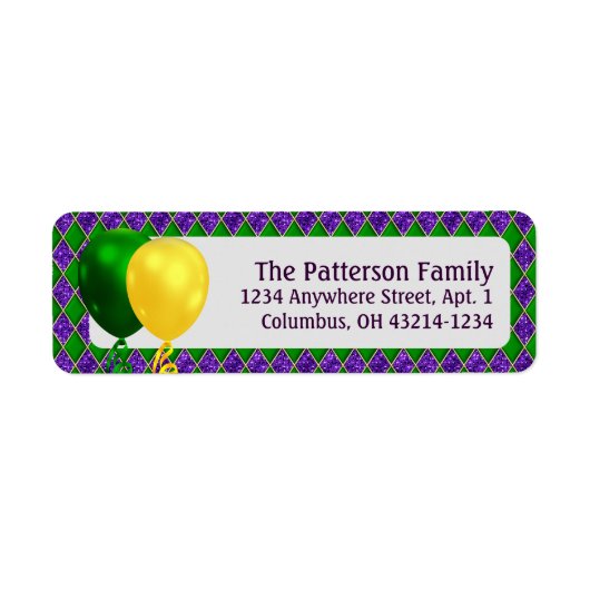 Mardi Gras Party Balloons en Argyle Pattern Etiket (Voorkant)