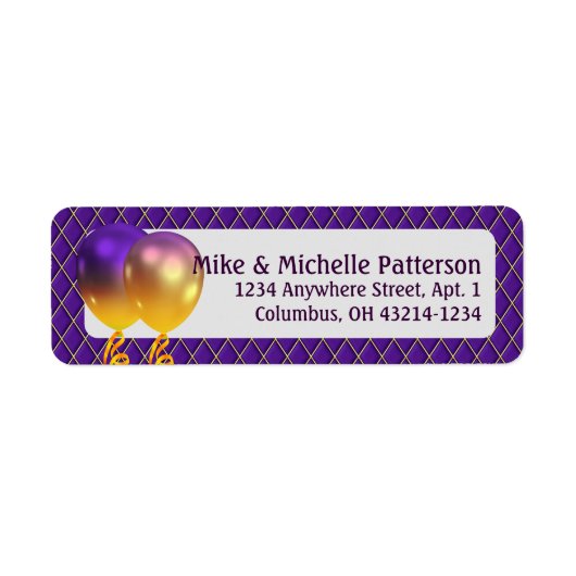 Mardi Gras Party Balloons en Paarse Argyle Etiket (Voorkant)