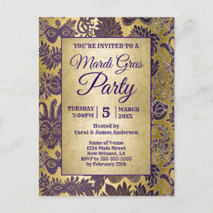 Mardi Gras Party Faux Gold Paarse Masker Uitnodiging Briefkaart
