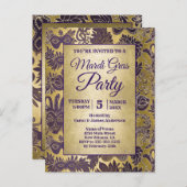 Mardi Gras Party Faux Gold Paarse Masker Uitnodiging Briefkaart (Voorkant / Achterkant)