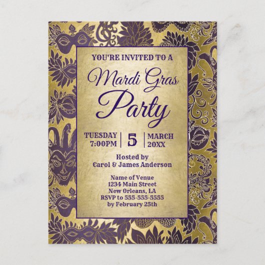 Mardi Gras Party Faux Gold Paarse Masker Uitnodiging Briefkaart (Voorkant)