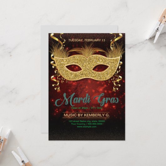 Mardi Gras Party Flyer Template  Kaart (Voorkant / Achterkant in situ)
