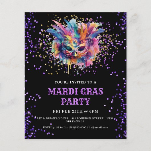Mardi Gras Party Glitter Uitnodiging (Voorkant)