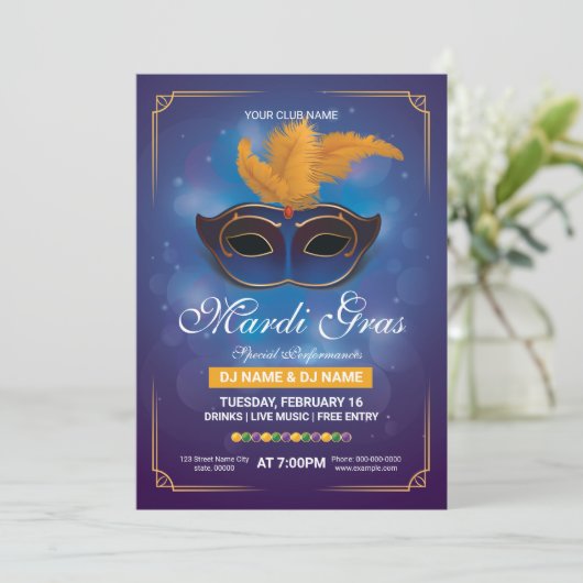 Mardi Gras party Invitation Flyer Sjabloon Kaart (Staand voorkant)
