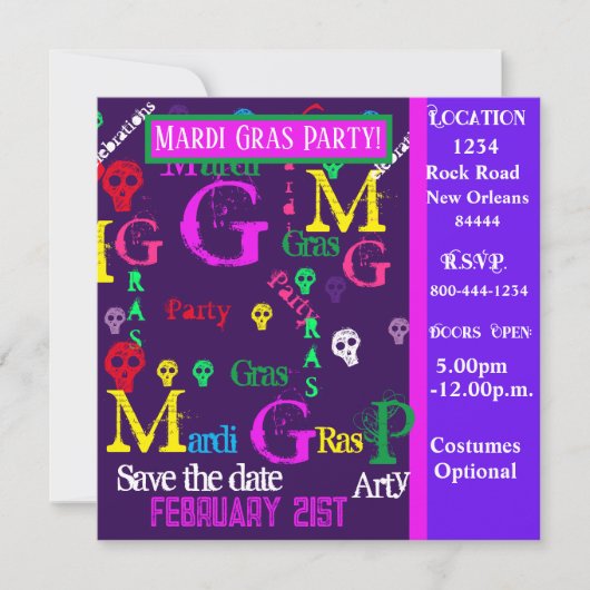 MARDI GRAS Party Kaart (Voorkant)