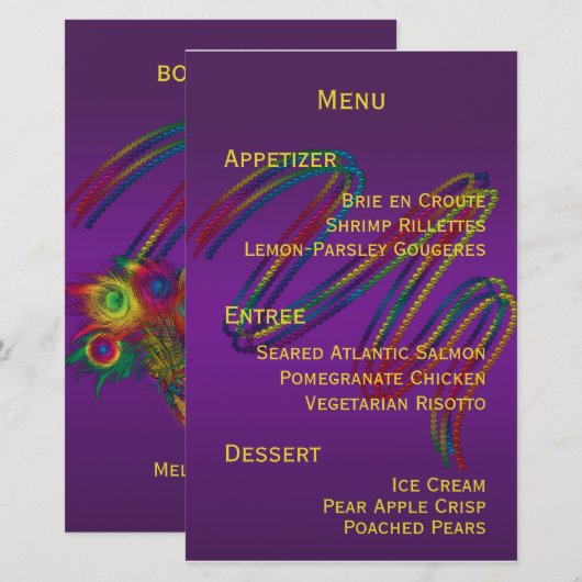 Mardi Gras Party Menu Stationery (Voorkant / Achterkant)