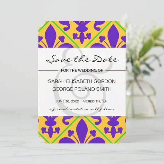 Mardi Gras Party New Orleans Fleur de Lis Save The Date (Staand voorkant)