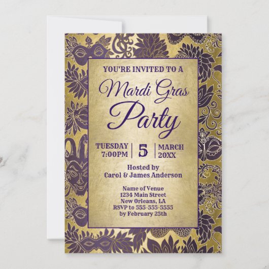 Mardi Gras Party Paarse Faux Gold Mask Kaart (Voorkant)