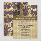 Mardi Gras Party Paarse Faux Gold Masker Harlequin Kaart (Voorkant / Achterkant)