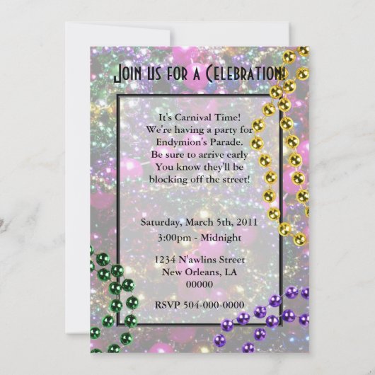 Mardi Gras Party "werpt" uitnodiging tot sjabloon (Achterkant)