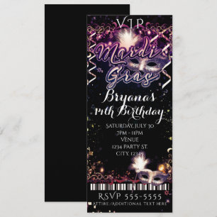 Mardi Gras Plum Gold VIP Birthday Party Ticket Kaart
