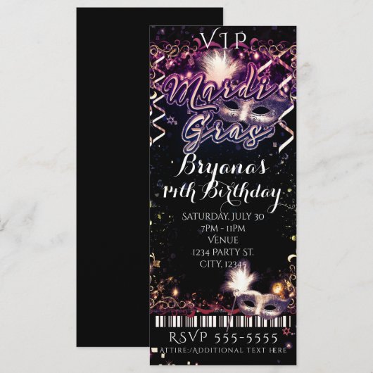 Mardi Gras Plum Gold VIP-verjaardagsfeesticket Kaart (Voorkant / Achterkant)
