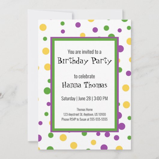Mardi Gras Polka Dot Speelse Verjaardag Uitnodigin Kaart (Voorkant)