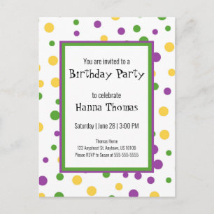 Mardi Gras Polka Dot Speelse Verjaardag Uitnodigin Uitnodiging Briefkaart