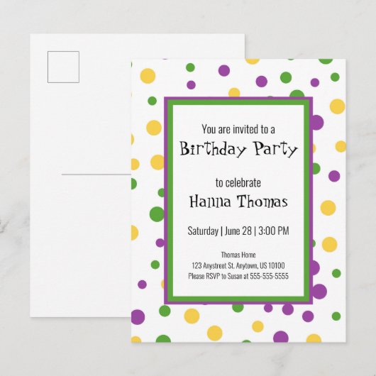 Mardi Gras Polka Dot Speelse Verjaardag Uitnodigin Uitnodiging Briefkaart (Voorkant / Achterkant)