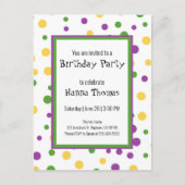 Mardi Gras Polka Dot Speelse Verjaardag Uitnodigin Uitnodiging Briefkaart (Voorkant)
