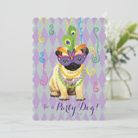 Mardi Gras Pug Kaart (Staand voorkant)