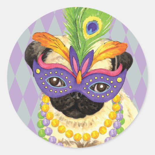 Mardi Gras Pug Ronde Sticker (Voorkant)