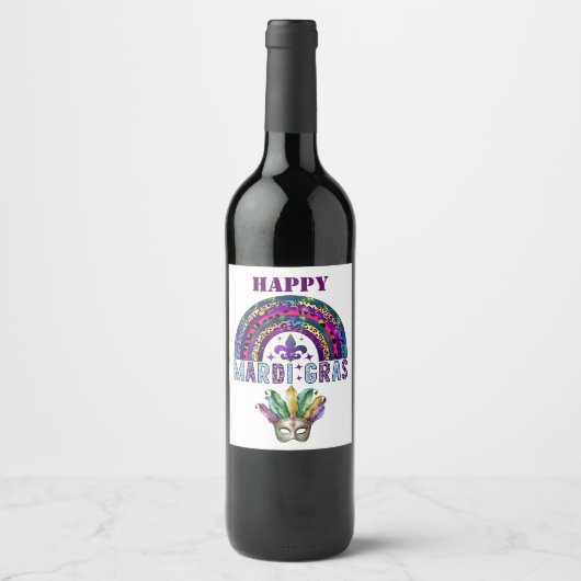 Mardi Gras Rainbow en Mask Wine Label Wijn Etiket (Voorkant)