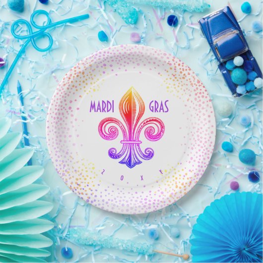 Mardi Gras Rainbow Fleur De Lis met Confetti Papieren Bordje (Feest)