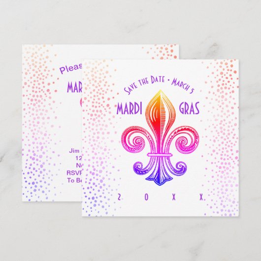 Mardi Gras Rainbow Fleur de Lis Party Kaart (Voorkant / Achterkant)