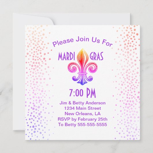 Mardi Gras Rainbow Fleur de Lis Party Kaart (Achterkant)