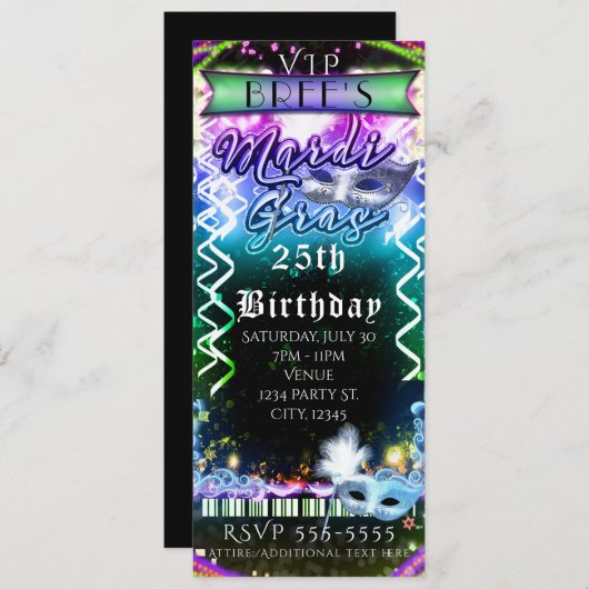 Mardi Gras Rainbow Glow VIP Birthday Party Ticket Kaart (Voorkant / Achterkant)