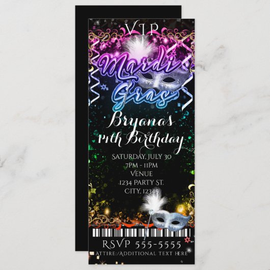Mardi Gras Rainbow VIP Birthday Party Ticket Kaart (Voorkant / Achterkant)