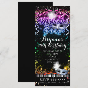 Mardi Gras Rainbow VIP Birthday Party Ticket Kaart