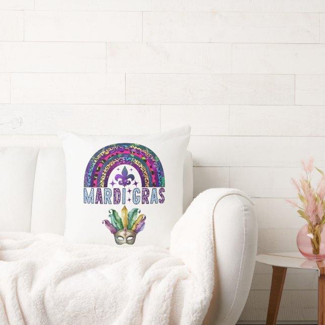 Mardi Gras Regenboog en Masker Worp Kussen (Bank)