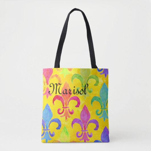 Mardi Gras Regenboog Fleur de lis Monogram Geel Tote Bag (Voorkant)