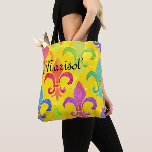Mardi Gras Regenboog Fleur de lis Monogram Geel Tote Bag (Dichtbij)