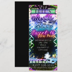 Mardi Gras Regenboog Glow VIP SWEET 16-feestticket Kaart